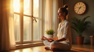 Femme en méditation près d'une fenêtre à l'aube avec une horloge indiquant 07h07, illustrant la signification spirituelle de cette heure pour les flammes jumelles