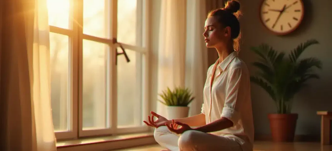 Femme en méditation près d'une fenêtre à l'aube avec une horloge indiquant 07h07, illustrant la signification spirituelle de cette heure pour les flammes jumelles