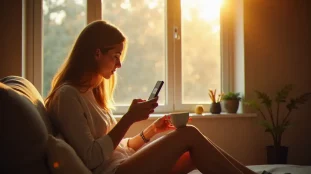 Femme regardant son téléphone affichant 10h01 amour dans la lumière du matin, expression introspective et sereine