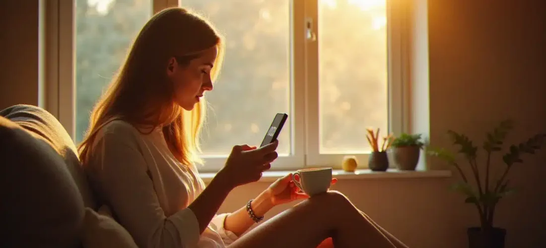 Femme regardant son téléphone affichant 10h01 amour dans la lumière du matin, expression introspective et sereine