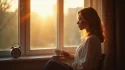 Femme en contemplation devant une fenêtre au lever du soleil avec une horloge indiquant 10h10, illustrant la synchronicité de l'heure miroir en lien avec la flamme jumelle