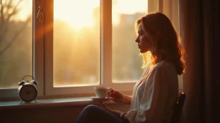 Femme en contemplation devant une fenêtre au lever du soleil avec une horloge indiquant 10h10, illustrant la synchronicité de l'heure miroir en lien avec la flamme jumelle