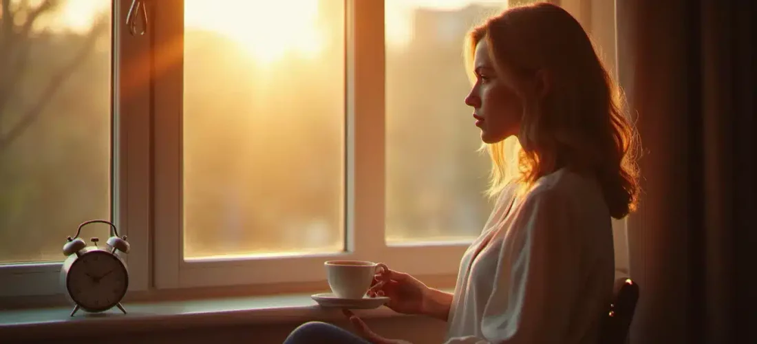 Femme en contemplation devant une fenêtre au lever du soleil avec une horloge indiquant 10h10, illustrant la synchronicité de l'heure miroir en lien avec la flamme jumelle