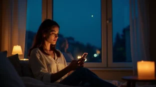 Femme contemplative tenant un téléphone affichant 22h22 près d'une fenêtre nocturne étoilée, illustrant le signe 22h22 flamme jumelle dans un moment de connexion spirituelle