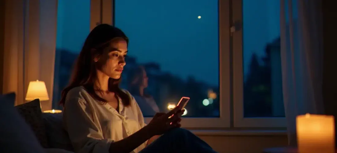 Femme contemplative tenant un téléphone affichant 22h22 près d'une fenêtre nocturne étoilée, illustrant le signe 22h22 flamme jumelle dans un moment de connexion spirituelle