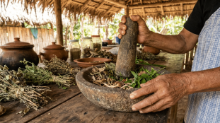 remède ancestral naturel préparé avec des plantes médicinales dans un mortier traditionnel