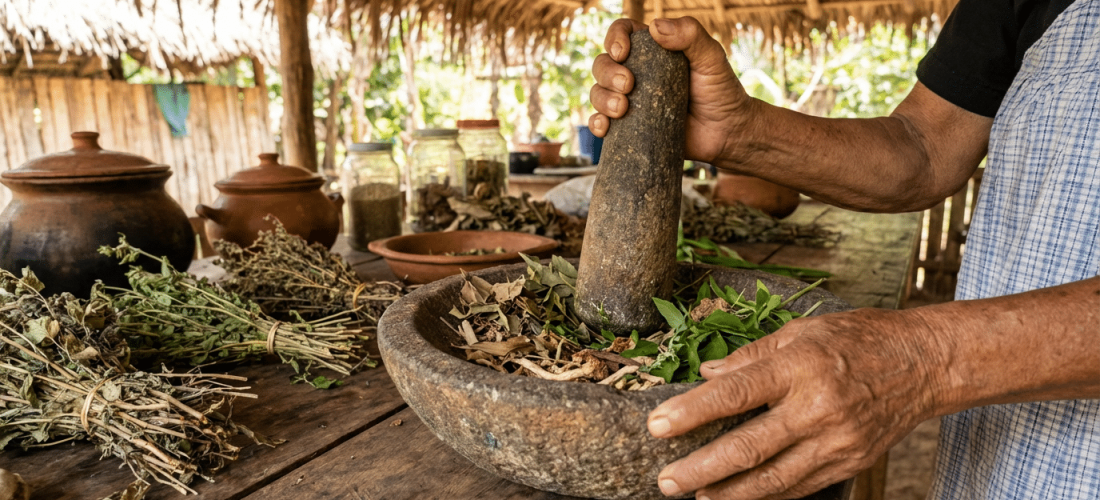 remède ancestral naturel préparé avec des plantes médicinales dans un mortier traditionnel