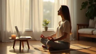 Femme en méditation assise devant un ordinateur ouvert dans un salon lumineux, illustrant une séance d'accompagnement spirituel en ligne dans un espace calme et apaisé