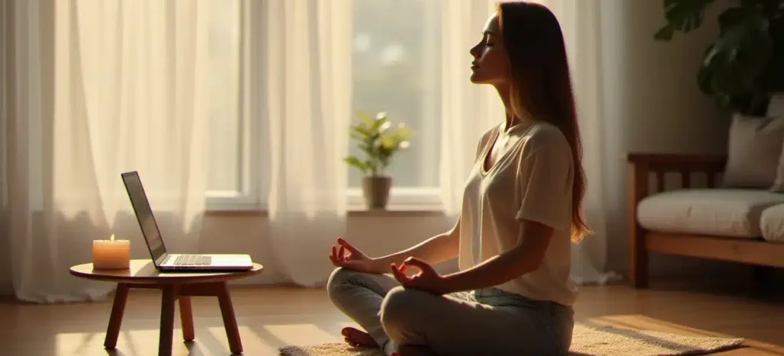 Femme en méditation assise devant un ordinateur ouvert dans un salon lumineux, illustrant une séance d'accompagnement spirituel en ligne dans un espace calme et apaisé