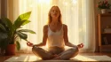 Femme en méditation dans un espace lumineux et serein baigné de lumière dorée, illustrant la reconnexion à soi au cœur de l'accompagnement spirituel et psychologique