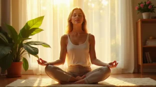 Femme en méditation dans un espace lumineux et serein baigné de lumière dorée, illustrant la reconnexion à soi au cœur de l'accompagnement spirituel et psychologique