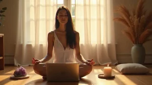 Femme en posture méditative devant son ordinateur pendant un accompagnement spirituel formation en ligne, entourée de cristaux et d'une bougie allumée dans une pièce baignée de lumière dorée