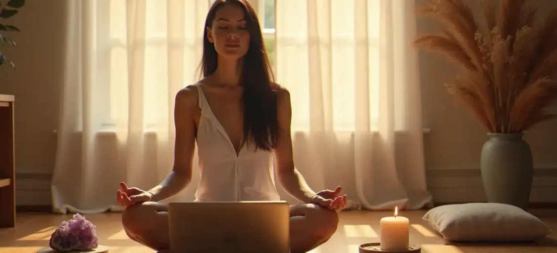 Femme en posture méditative devant son ordinateur pendant un accompagnement spirituel formation en ligne, entourée de cristaux et d'une bougie allumée dans une pièce baignée de lumière dorée