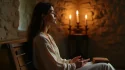 Femme en recueillement spirituel dans une chapelle ancienne éclairée à la bougie, illustrant la pratique de l'accompagnement spirituel ignatien comme voie de discernement intérieur