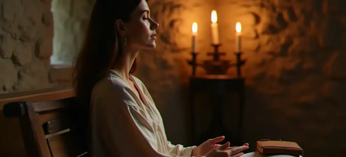 Femme en recueillement spirituel dans une chapelle ancienne éclairée à la bougie, illustrant la pratique de l'accompagnement spirituel ignatien comme voie de discernement intérieur