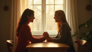 Deux personnes se regardant avec une reconnaissance profonde et apaisée, illustrant la connexion entre âmes sœurs telle que définie dans le contexte spirituel