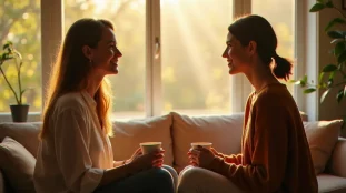 Deux femmes assises face à face dans un salon baigné de lumière dorée, partageant un moment de connexion profonde évoquant la définition de l'âme sœur
