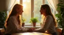 Deux femmes face à face dans une pièce lumineuse, symbolisant une connexion profonde d'âmes sœurs définition lors d'un moment d'introspection partagée