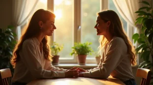 Deux femmes face à face dans une pièce lumineuse, symbolisant une connexion profonde d'âmes sœurs définition lors d'un moment d'introspection partagée