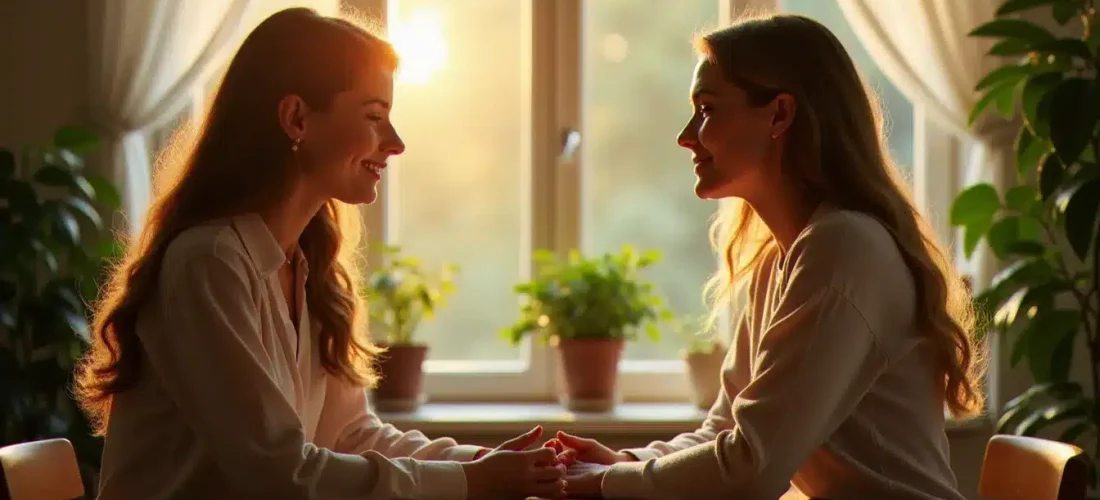 Deux femmes face à face dans une pièce lumineuse, symbolisant une connexion profonde d'âmes sœurs définition lors d'un moment d'introspection partagée