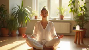 Femme en posture de méditation dans une pièce lumineuse et apaisante, illustrant une pratique d'augmentation vibratoire au quotidien