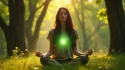 Femme en méditation dans une clairière baignée de lumière verte, illustrant l'aura verte et sa signification spirituelle liée au chakra du cœur
