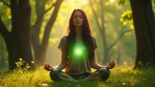 Femme en méditation dans une clairière baignée de lumière verte, illustrant l'aura verte et sa signification spirituelle liée au chakra du cœur