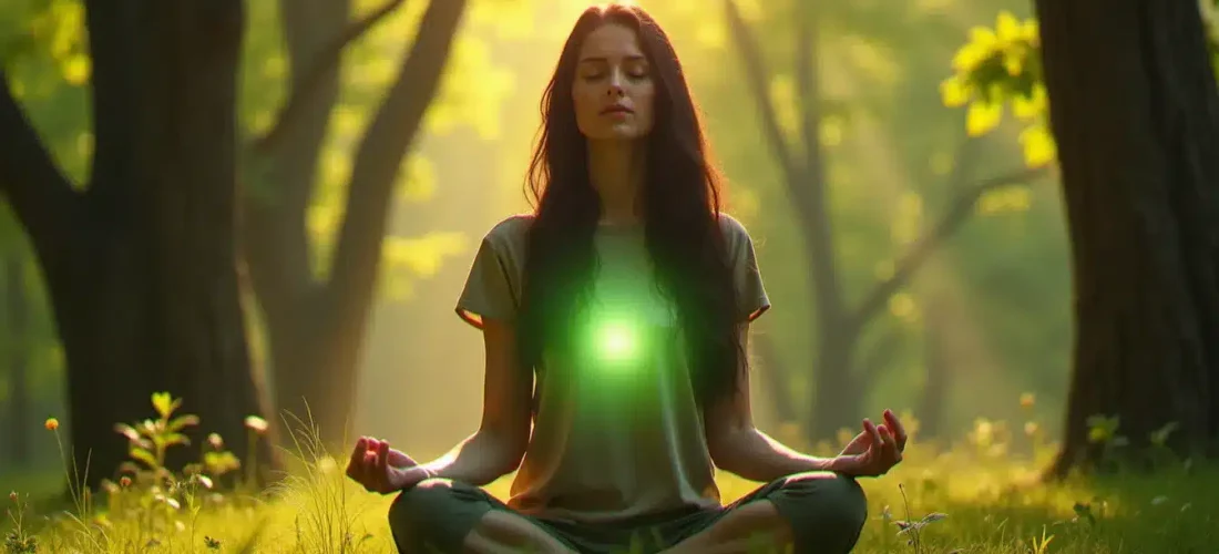 Femme en méditation dans une clairière baignée de lumière verte, illustrant l'aura verte et sa signification spirituelle liée au chakra du cœur