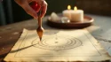 Pendule en bois naturel suspendu au-dessus d'un cadran de biomètre de Bovis sur papier ancien, utilisé pour mesurer le taux vibratoire d'un espace dans une pratique de radiesthésie spirituelle
