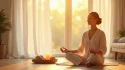 Femme en méditation profonde lors d'une séance de coaching spirituel dans une pièce lumineuse et apaisante, entourée de cristaux et d'une bougie allumée