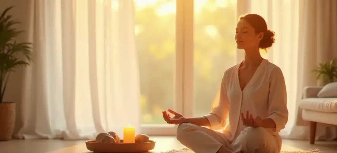 Femme en méditation profonde lors d'une séance de coaching spirituel dans une pièce lumineuse et apaisante, entourée de cristaux et d'une bougie allumée