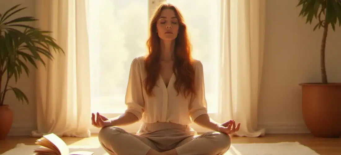 Coach spirituelle en méditation dans un espace lumineux à Lyon, illustrant la pratique du coaching spirituel formation