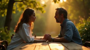 Deux personnes se regardant dans les yeux avec une expression de reconnaissance profonde dans un jardin ensoleillé, illustrant la définition âme sœur comme rencontre de deux consciences apparentées