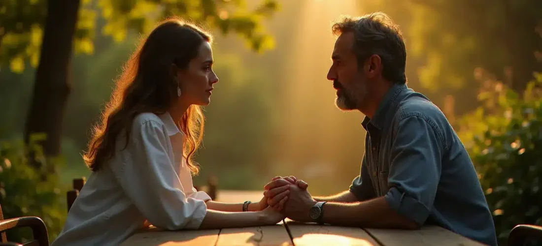 Deux personnes se regardant dans les yeux avec une expression de reconnaissance profonde dans un jardin ensoleillé, illustrant la définition âme sœur comme rencontre de deux consciences apparentées
