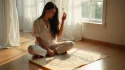 Femme utilisant un pendule en cristal au-dessus d'un diagramme de l'échelle de Bovis lors d'une séance de radiesthésie dans un espace lumineux