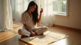 Femme utilisant un pendule en cristal au-dessus d'un diagramme de l'échelle de Bovis lors d'une séance de radiesthésie dans un espace lumineux