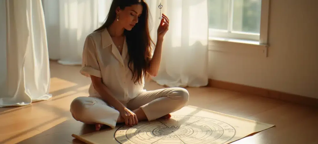 Femme utilisant un pendule en cristal au-dessus d'un diagramme de l'échelle de Bovis lors d'une séance de radiesthésie dans un espace lumineux