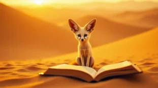 Un fennec aux grandes oreilles dorées posé sur des dunes du Sahara au lever du soleil, entouré de livres ouverts dans le sable, évoquant l'univers des éditions le fennec et leur quête littéraire