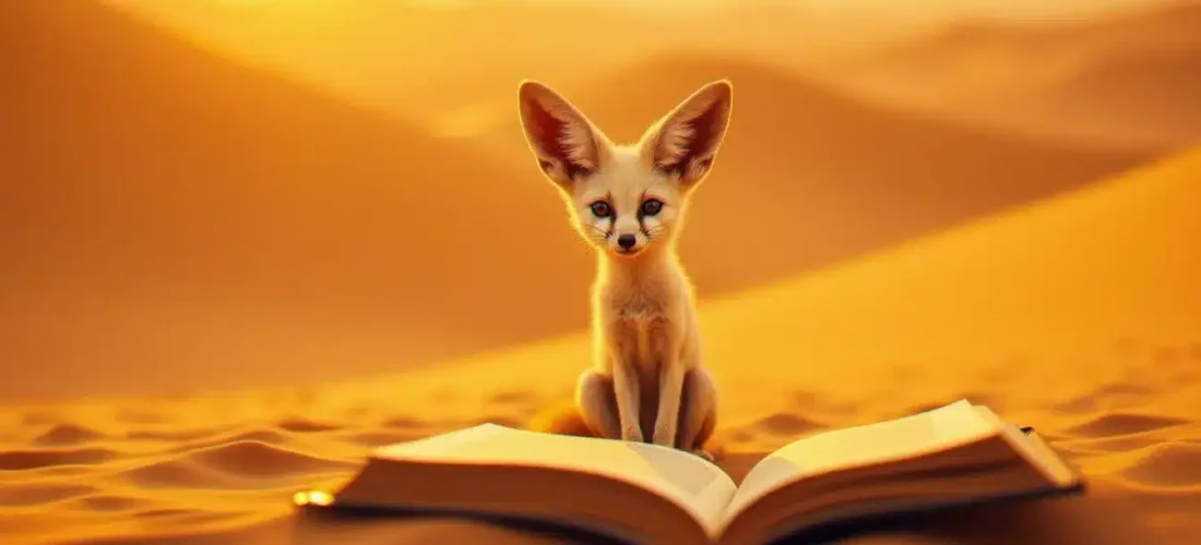Un fennec aux grandes oreilles dorées posé sur des dunes du Sahara au lever du soleil, entouré de livres ouverts dans le sable, évoquant l'univers des éditions le fennec et leur quête littéraire