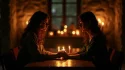 Deux personnes face à face à la lumière d'une bougie, leurs regards exprimant une reconnaissance profonde, illustrant l'intensité d'une flamme jumelle relation intime