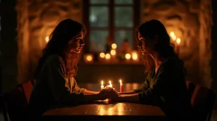 Deux personnes face à face à la lumière d'une bougie, leurs regards exprimant une reconnaissance profonde, illustrant l'intensité d'une flamme jumelle relation intime