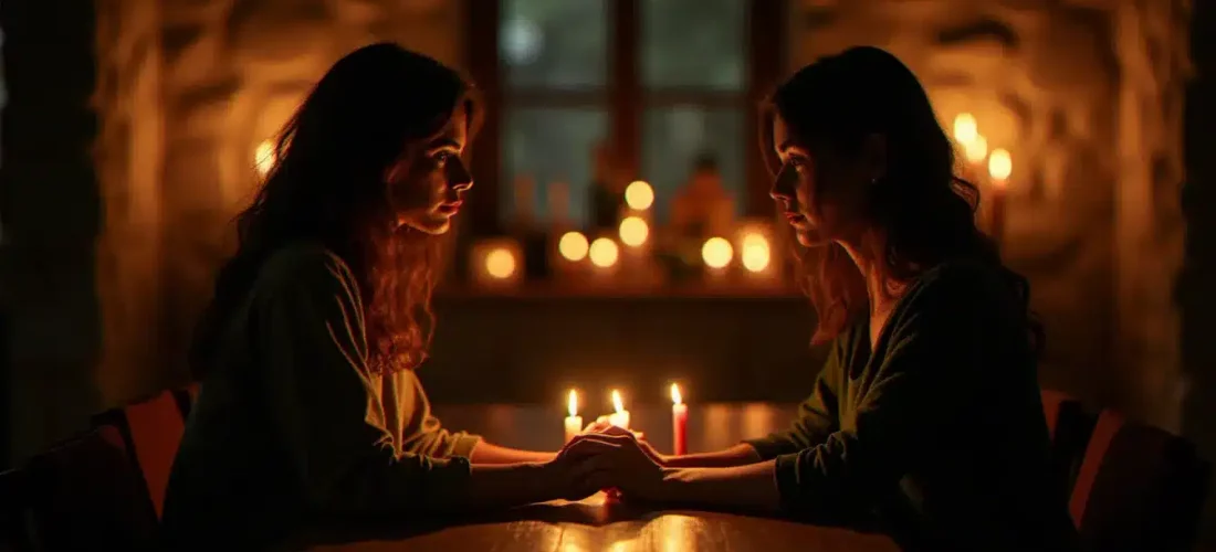 Deux personnes face à face à la lumière d'une bougie, leurs regards exprimant une reconnaissance profonde, illustrant l'intensité d'une flamme jumelle relation intime
