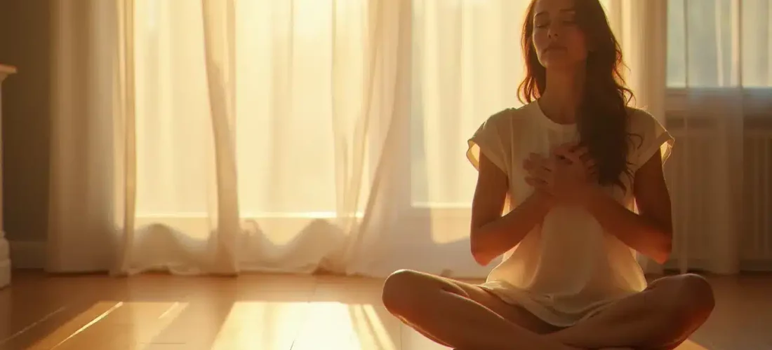 Femme en méditation les mains posées sur le cœur, illustrant la flamme jumelle sensation physique au niveau du sternum