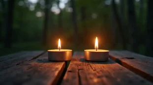 Deux flammes de bougies brûlant de façon indépendante sur une surface en bois au crépuscule, symbolisant les flammes jumelles en fin de parcours