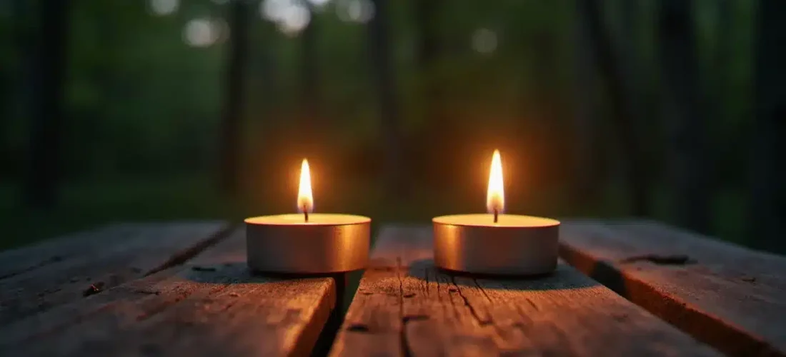 Deux flammes de bougies brûlant de façon indépendante sur une surface en bois au crépuscule, symbolisant les flammes jumelles en fin de parcours