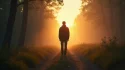 Un homme seul au bord d'une forêt brumeuse regarde en arrière vers une lumière dorée, illustrant l'amour du runner pour le chaser et la tension entre fuite et attraction