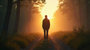 Un homme seul au bord d'une forêt brumeuse regarde en arrière vers une lumière dorée, illustrant l'amour du runner pour le chaser et la tension entre fuite et attraction
