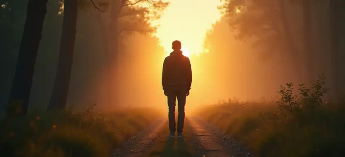 Un homme seul au bord d'une forêt brumeuse regarde en arrière vers une lumière dorée, illustrant l'amour du runner pour le chaser et la tension entre fuite et attraction