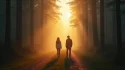Deux silhouettes séparées sur un chemin forestier brumeux à l'aube, illustrant l'amour du runner pour le chaser dans la dynamique des flammes jumelles