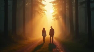 Deux silhouettes séparées sur un chemin forestier brumeux à l'aube, illustrant l'amour du runner pour le chaser dans la dynamique des flammes jumelles